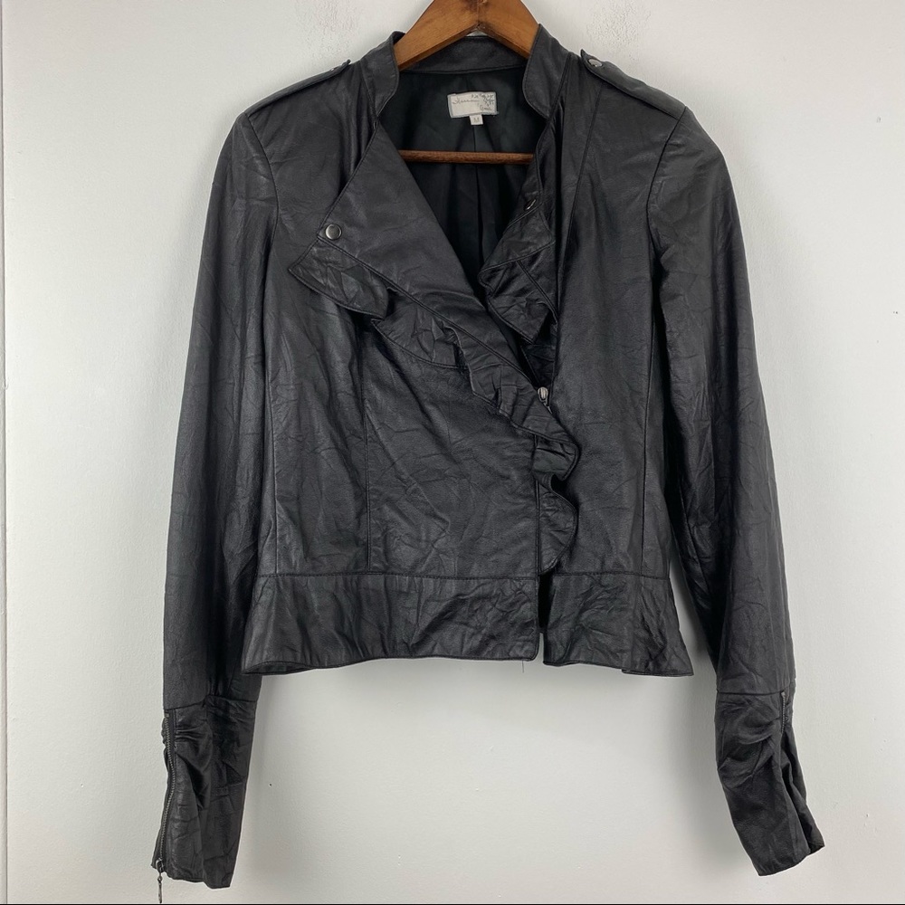 Hanna & Gracie size Medium Black Faux Leather Ruffle Moto Jacket